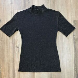 Rendez Vous Paris Women's 2 Half Sleeve Turtleneck Top Black Metallic Sparkle